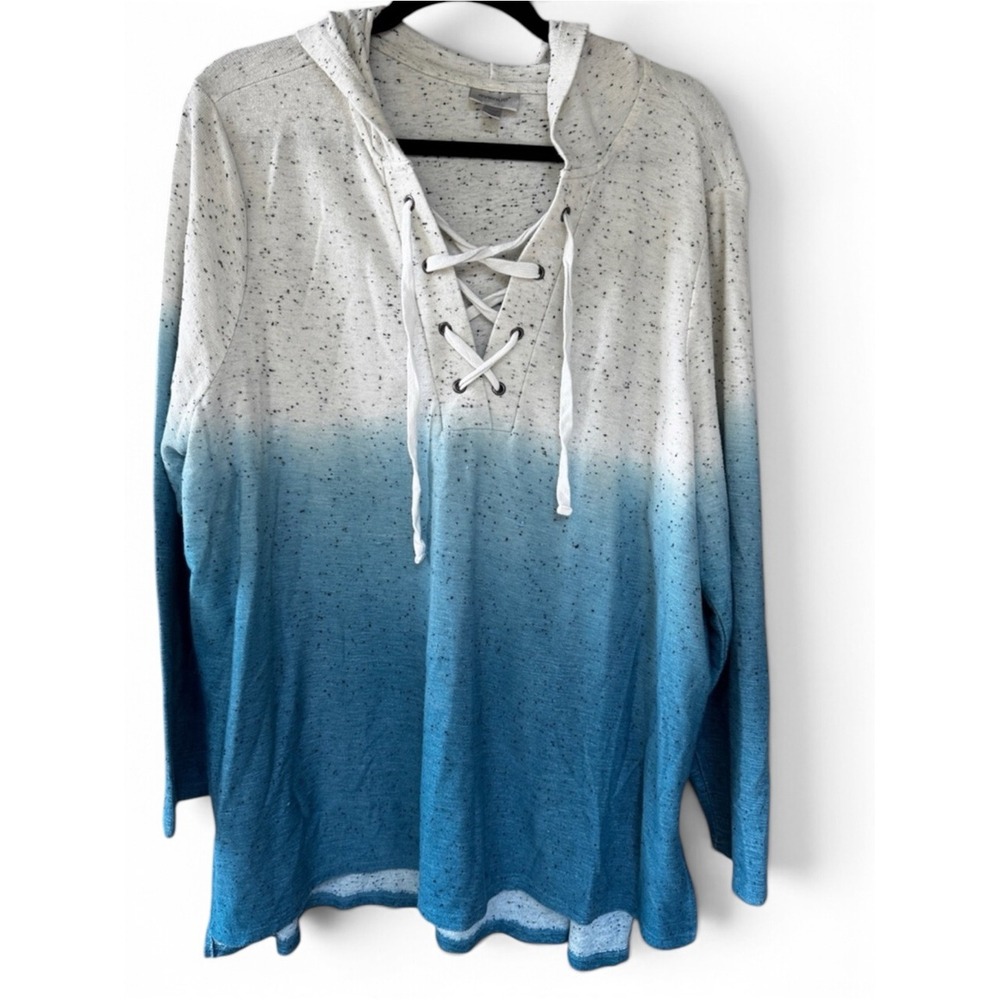 Avenue Tunic Women's 22/24 Blue White Ombre Speckled Lace Up Hooded Long Sleeve